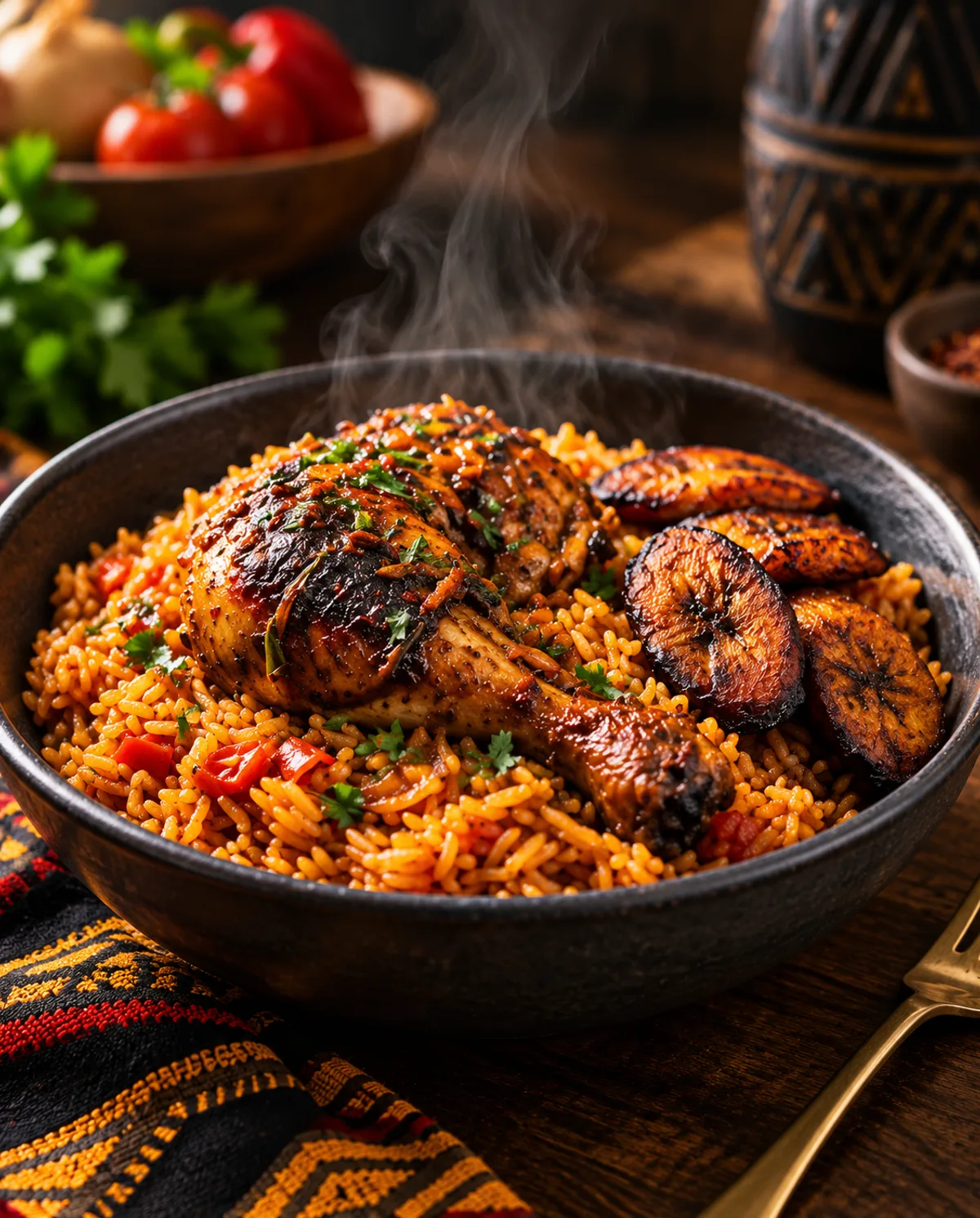 Steaming bowl of jollof rice with chicken and plantain