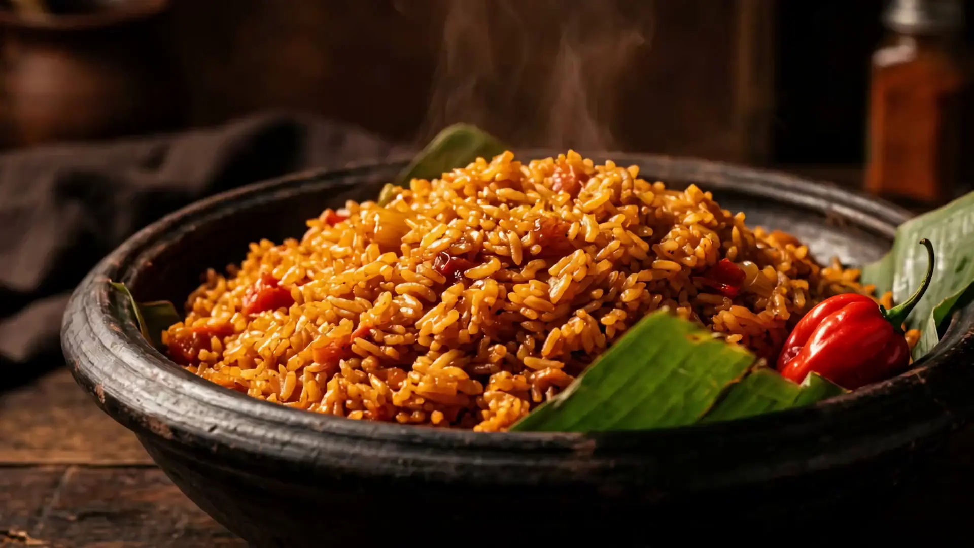 A steaming bowl of richly colored jollof rice with fresh pepper and greens