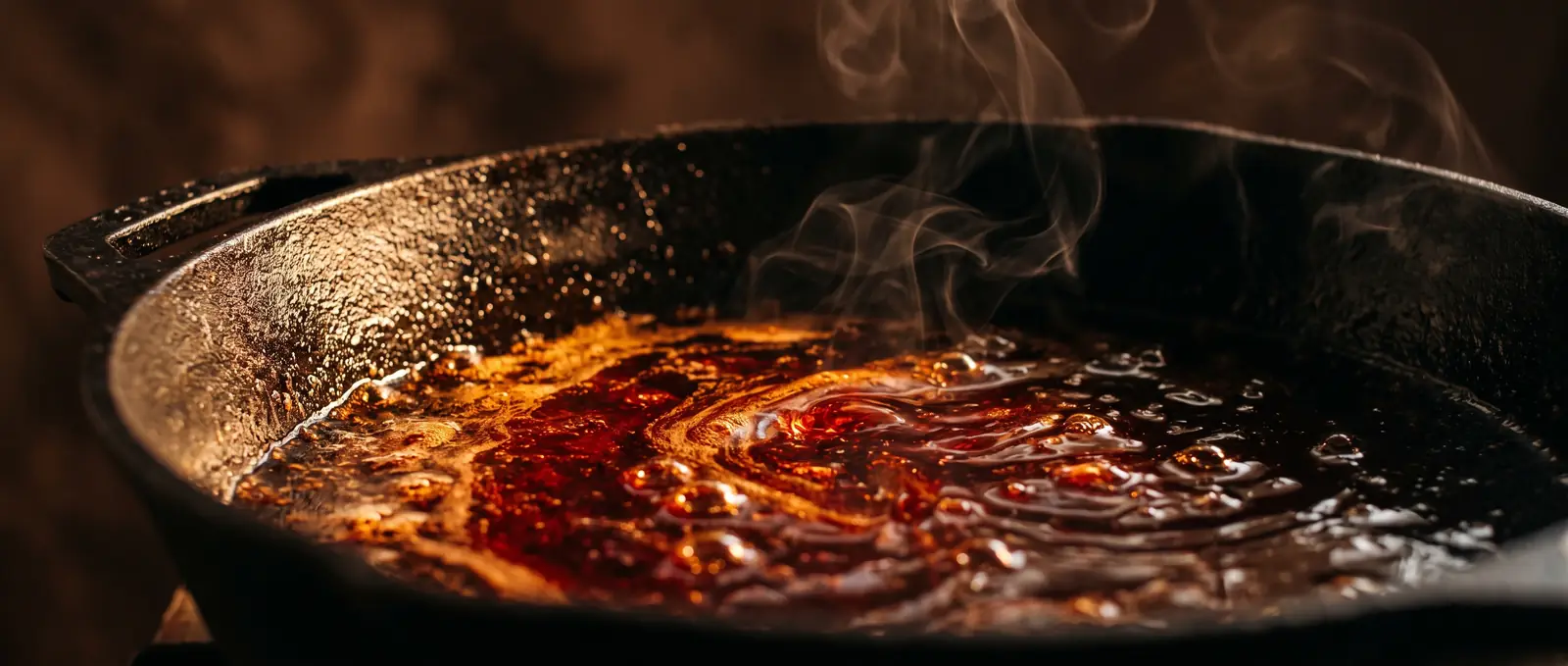 Red palm oil poured slowly into a dark enamel pot